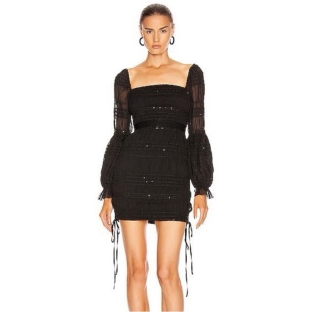 Self-Portrait Shirred Chiffon Square Neck Mini Dress in black